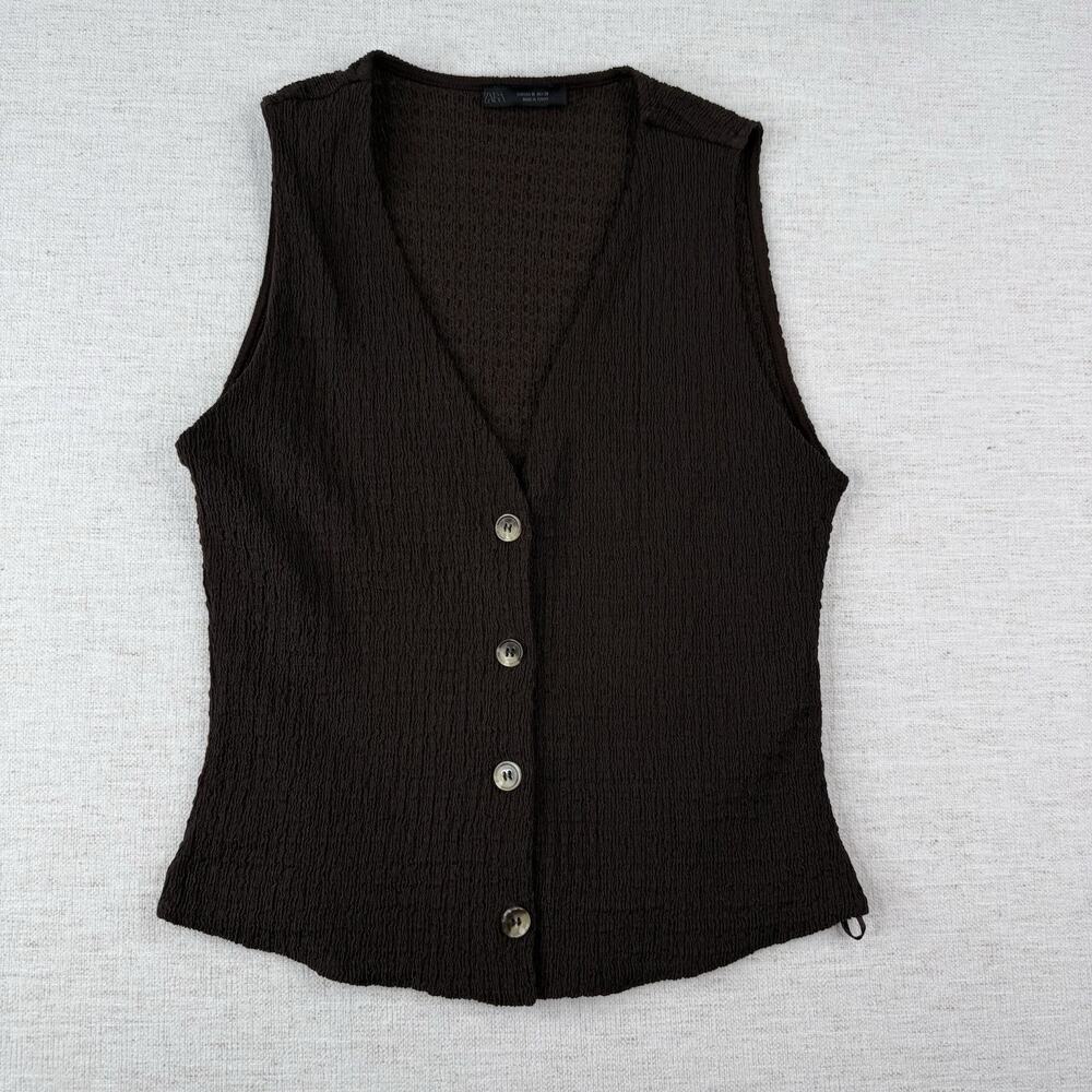 ZARA Knit Sleeveless Button Front Vest Crew Neck Women’s Size M Brown